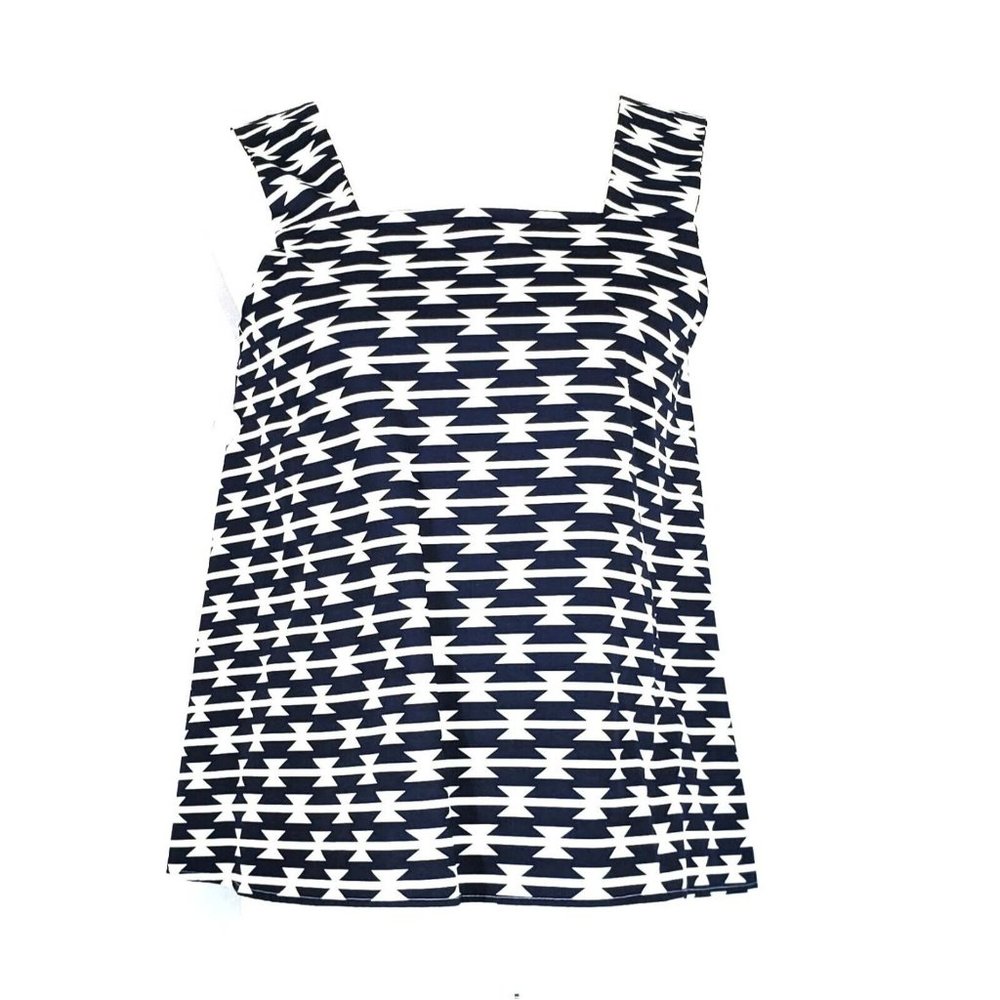 SBJ Austin, TX Tank Top Blouse Shirt Blue White Barb Wire Pattern Aztec SZ 2 NEW